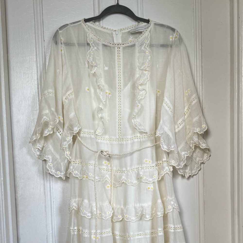 Zimmermann Acacia Tiered Embroidered Eyelet Yellow Flower Cream Midi Dress NEW - Picture 4 of 16